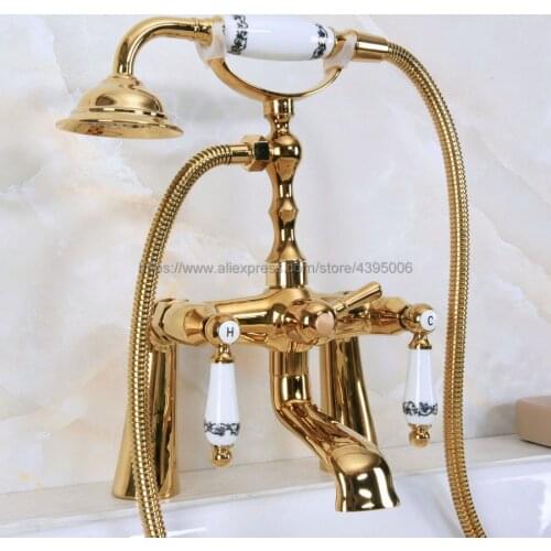 Luxury Gold Color Brass Dual Handles Bathtub Faucet Wall Mounted Swive Spout with Handshower Tub Mixer Tap Bna143