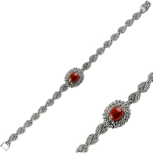 Silver 925 Sterling Marcasite & Red Agate Bracelet