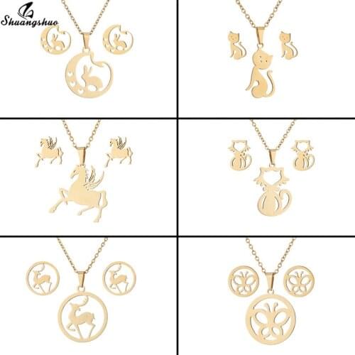 Shuangshuo Lovely Moon Rabbit Pendant Necklace Earrings Simple Fashion Animal Stainless Steel Jewelry Sets Best Gift for Friend