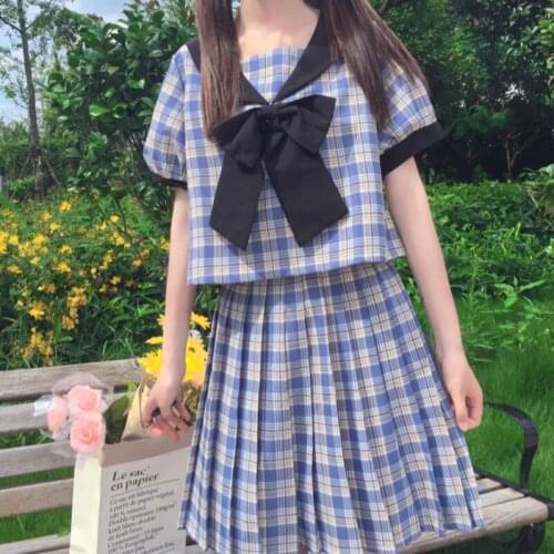 Japanese-Style JK Uniform Academic Style Sailor Collar Plaid Puff Sleeve Short-Sleeved Top Pleated Skirt Fashion lolita skirt
