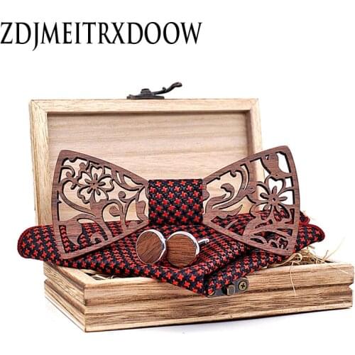 Wine Red Wooden Wood Hollow Carve Bow Tie Set For Men Pocket Square Cufflinks Floral Brooch With Wood Box Bowtie Accessory Ties