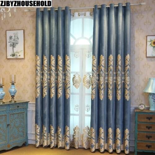 European Style Curtains for Living Room Luxury Velvet Embroidery Curtains for Bedroom Window Blackout Blue Elegant Curtain Villa