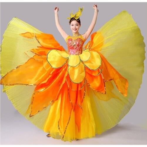 Yellow&orange sequined flower petals carnival dance dress/stage performance/open ceremony/long dress with hair decoration