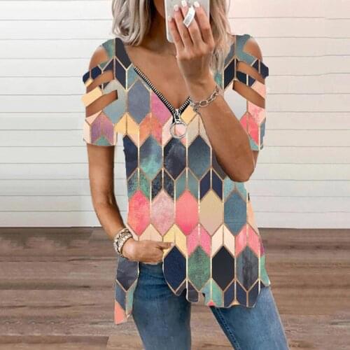 Womens Geometric Zipper Blouse Short Sleeve Top V Neck Hollow Out Loose Split Woman Tops And Blouses blusas mujer de moda 2021