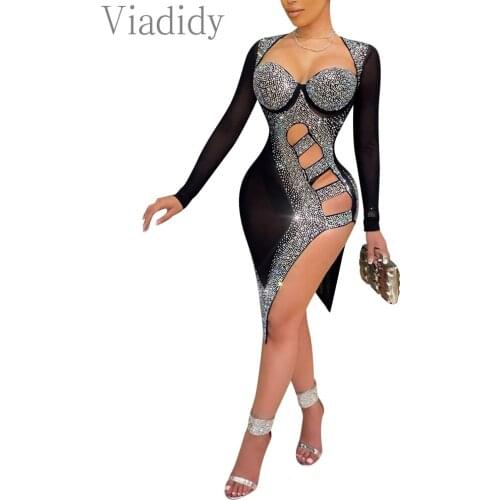 Women Sexy Sparkling Rhinestone Sheer Mesh Hollow Out Irregular Nightclub Party Dress with Briefs