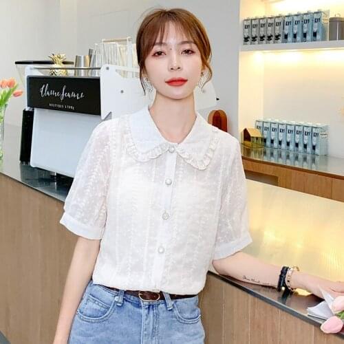 Womens Tops and Blouses Chiffon Shirt Female Fashion Doll Collar Top Short Sleeve Shirt Plus Size Women Shirts