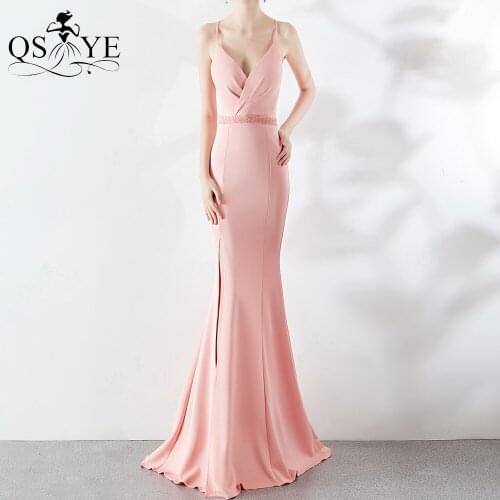 Long Pink Evening Dress Mermaid Split Prom Gown Open Back Sexy V Neck Women Dress Ruched Waist Bead Crystal Sash Party Dresses