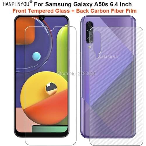 For Samsung Galaxy A50s A507 6.4" 1 Set = Soft Back Carbon Fiber Film +Ultra Thin Clear Tempered Glass Front Screen Protector