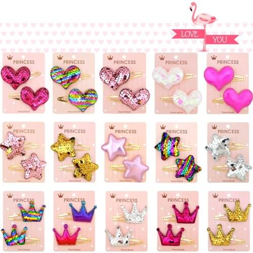 2Pcs/set Sequins Cartoon Love Heart Crown Hair Clips for Girls Handmade Boutique Hairpins Baby Clips Kids Hair Accessories 035