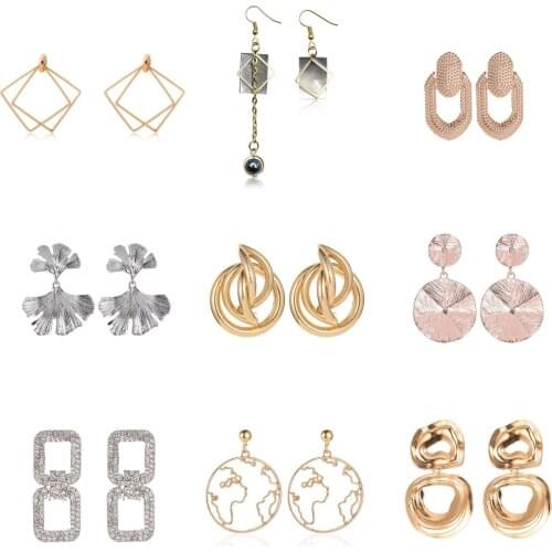 2021 Trend New Fashion Simple Gothic Metal Geometric Irregular Square Full Rhinestone Leaf Lady Earrings Party Banquet Gift