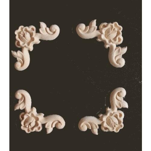 4PCS Woodcarving Decal Corner Applique Frame Door Decorate Wall Doors Furniture Decorative Figurines Wooden Miniatures 6CM 10CM