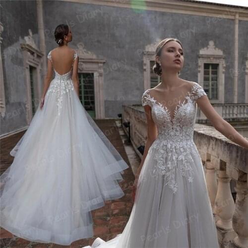 Glitter Tulle Bride Dresses Cap Sleeve Wedding Dress Chaming Applique A Line 2021 Beach Backless Bridal Gown Robe De Mariage