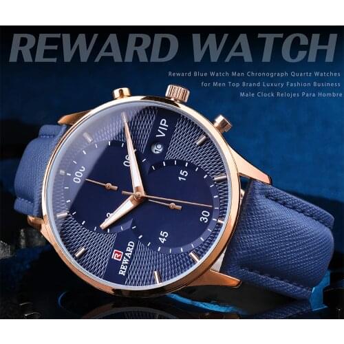 Quartz Watch for Men Top Brand Luxury REWARD VIP Blue Dial Mens Wristwatch Clock Business Waterproof Chronograph Leather Watch