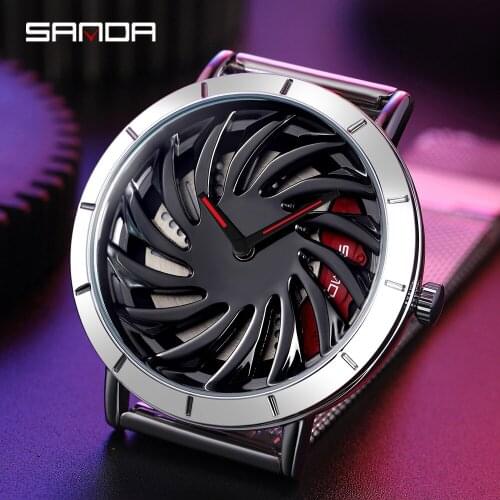 SANDA 2021 Brand Mens Wheel Watch Rotating Sports Watch Mens Wheel Luxury Waterproof Stainless Steel Mesh Band Quartz Watch