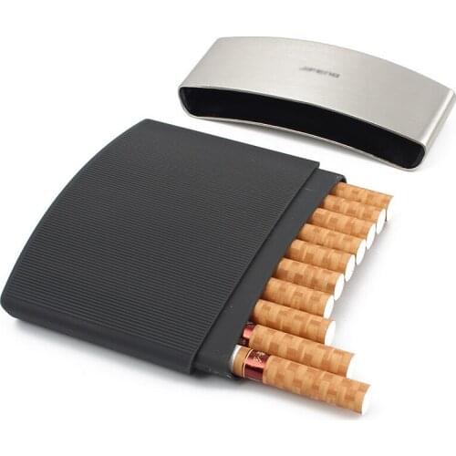 New 1pcs mens business cigarette case Black stainless steel thin cigarette box holder 10 cigarettes Leather Surface