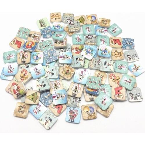 100pcs 15mm Wood Christmas Square Buttons 2 Holes Sewing Accessories Xmas Crafts Snowman Santa Scrapbook Embellishments