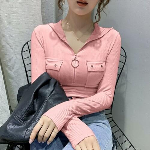 Gkfnmt Zipper Hooded Deep V-Neck Pocket Tshirt Femme T Shirt Women Cotton Slim Sexy T-Shirt Long Sleeve Autumn Spring Pink Tops