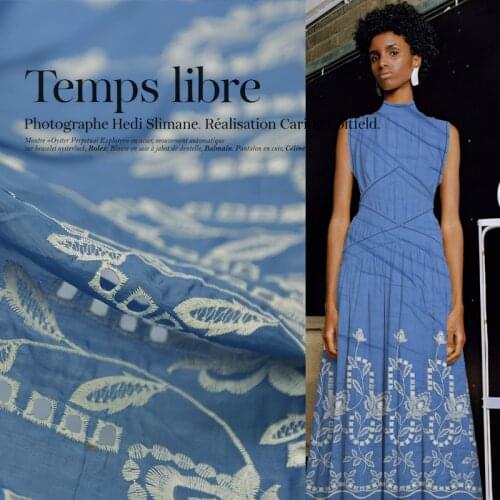 1 Meter Blue Whtie Flowers Exquisite Embroidery Real Silk Cotton Fabric High-grade Super Beautiful Design 50%silk 50%cotton