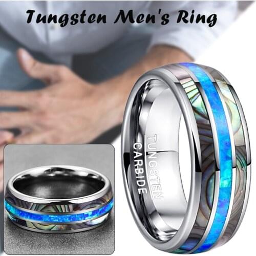 Tungsten Rings Dome Abalone Shell Blue Center Wedding Bands for Men Women Comfort Fit Size 6 to 13 FS99