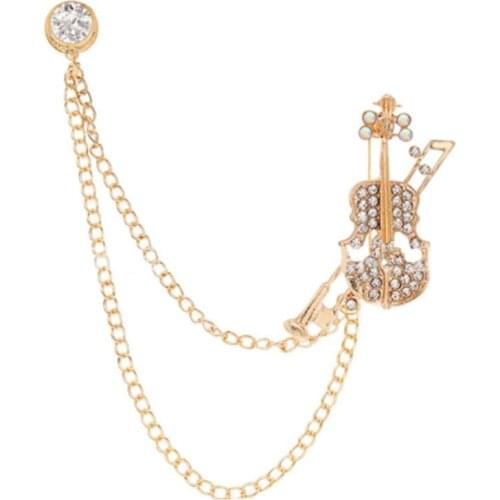 Korean Fashion Instrument Violin Brooch Pins Rhinestone Crystal Tassel Chain Collar Pin Badge Jewelry Gifts for Men Accessories
