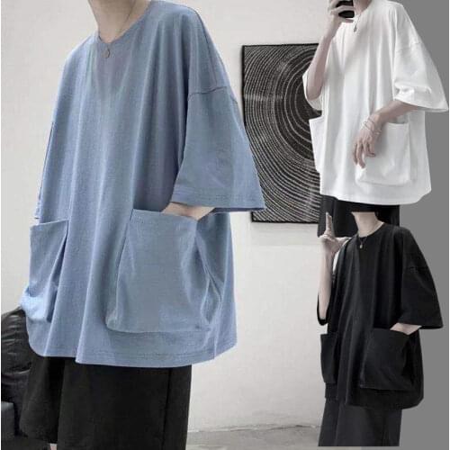 Summer mens loose-fitting large pocket round-necked short-sleeved T-shirt trend 100-and-a-half sleeves