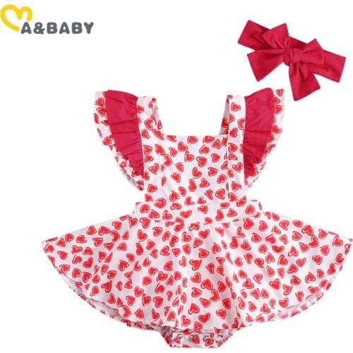 Ma&Baby 0-24M Valentines Day Newborn Infant Baby Girl Red Romper Sleeveless Ruffles Jumpsuit Heart Print Baby Clothes