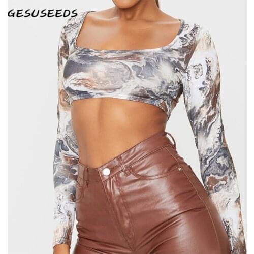 Fashion T Shirt Women 2021 Summer Cropped Tees Sexy Long Sleeve Shirts Casual U Neck Tie Dye Shirt Slim Vintage Clothes Female