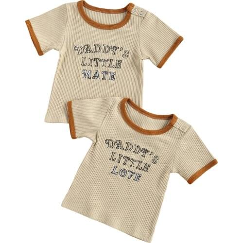Fashion Infant Girls Boys Children Letters Embroidery Pattern Ribbed T-shirt, Unisex Khaki Round Collar Short Sleeve Tops 6M-4T