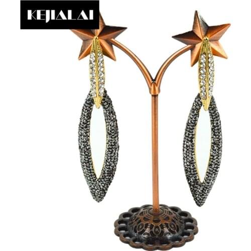 Fashion Women Jewelry Alloy Olive Marquise Shape Earrings Pave Full Rhinestone Crystal CZ Gold Color Charm Long Dangle Earrings