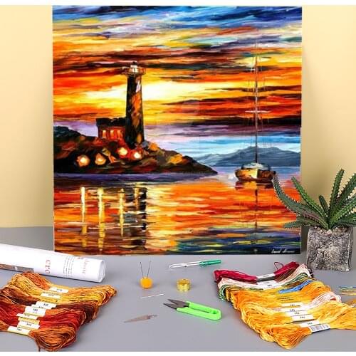 By The Lighthouse Printed Fabric 11CT Cross Stitch Complete Kit Embroidery DMC Threads Sewing Needlework Hobby Craft Magic