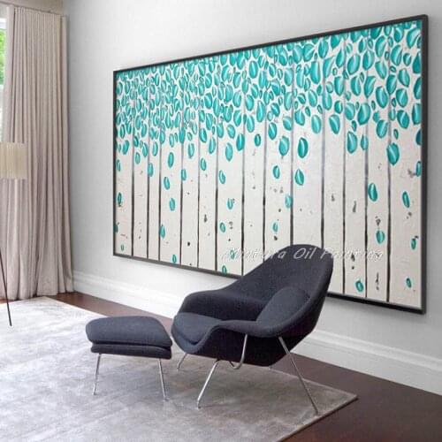 Hand Painted Modern Wall Art For Home Decor Skyblue Tree Romantic Leaf Rain Large Living Room Oil Painting Pictures On Canvas