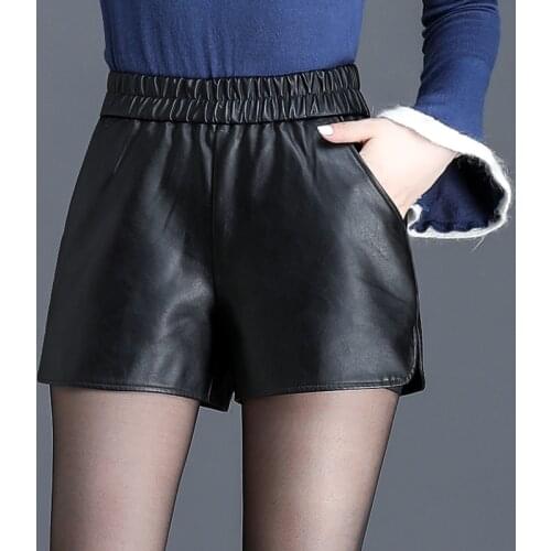 High Waist Korean Style Plus Size Shorts Elegant 2020 Autumn Spring Womens PU Faux Leather Shorts Women OL Basic High Quality