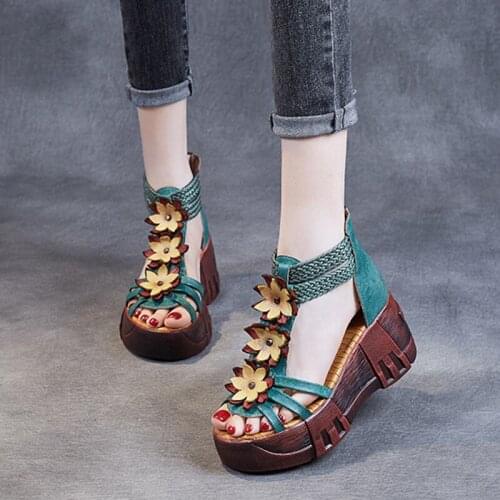 Female Genuine Leather Shoes Women Sandals 2021 Summer Lady Floral Wedges Zip Retro Handmade Concise High Heels Platform Sandals
