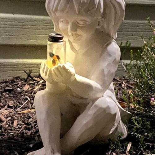 A Kid With Solar Fireflies Garden Statue Resin Jar Boy Girl Statue Flowerbed Yard Outdoor Sculpture Decor Garden Statue Artwork