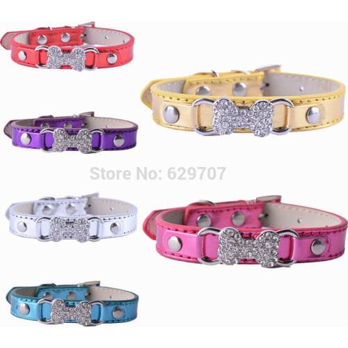 Rhinestones Bone Dog Collar Perro Pu Leather Dog Collars Adjustable 8-11'' Puppy Pet Supplies Pink Red Gold Purple Colors