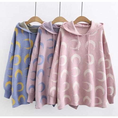 Girl Moon Print Hooded Sweater Women Hooded Collar College Sweet Style Computer Knitted Sweater Ruched Casual Female 2021 Spring