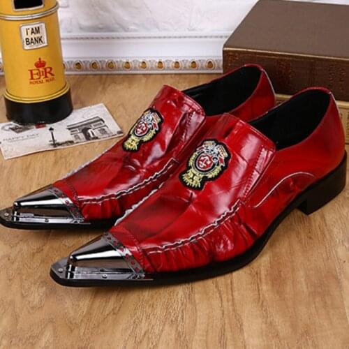 Christia Bella Fashion Metal Pointed Toe Man Red Genuine Leather Shoes British Style Men Plus Size Party Shoes Male Dress Shoes