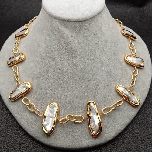 YYGEM 20" natural White Biwa Freshwater Pearl Bezel set PearlGold Color Chain Necklace