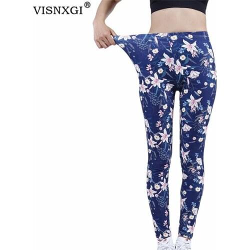 VISNXGI Women Leggings Sexy Pants Push Up Fitness Gym Running Navy Lily Flower Pattern Workout Femme High Waist Mujer Bottom