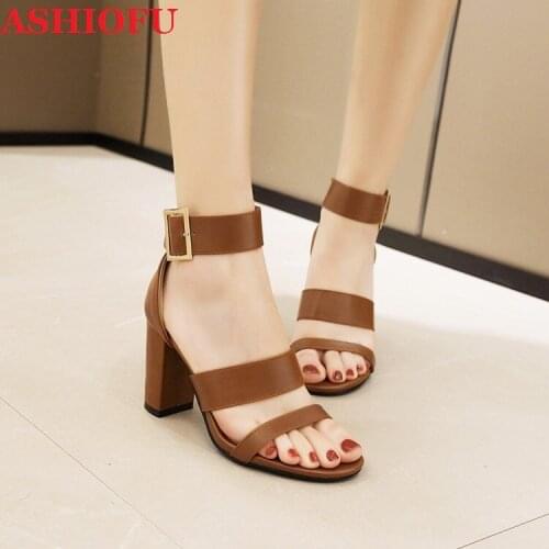 ASHIOFU Hot Sale US5-US13 Ladies Chunky Heels Sandals Real Pictures Party Prom Summer Shoes Open-toe Evening Fashion Sandals