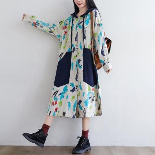 Women Loose Printed Patchwork Hooded Trench Coat Outerwear Ladies Spliced Long Coat Female 2020 Female Topcoat Overcoat