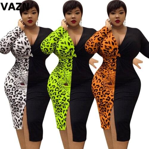 VAZN GOFN 16309 Autumn Leopard Dress 2019 New Design Plus Size Lady Elegant Full Sleeve dress V-neck Party Club Print Dress