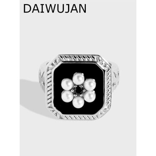 DAIWUJAN Korean Vintage Square Black Glazed Pearl Flower Open Rings INS 925 Sterling Silver Rings for Women Crystal Jewelry
