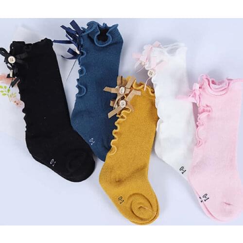 2020 bowknot children cotton socks toddler baby girls lace knee high agaric edge socks knee bow legwarm