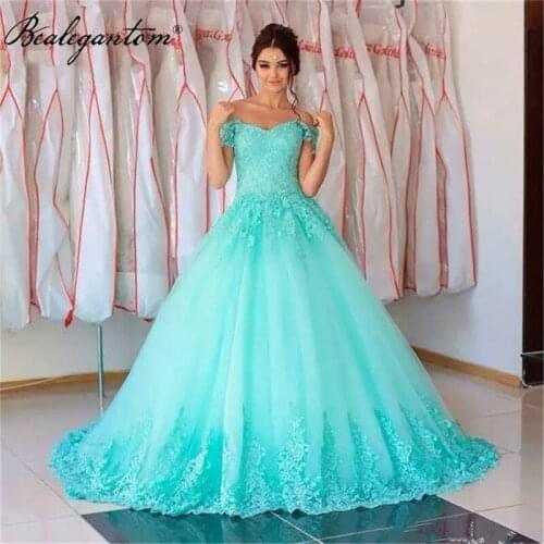 Bealegantom Turquoise Quinceanera Dresses 2021 Ball Gown Off the Shoulder Tulle Appliques Lace princess Sweet 16 Dresses QD73