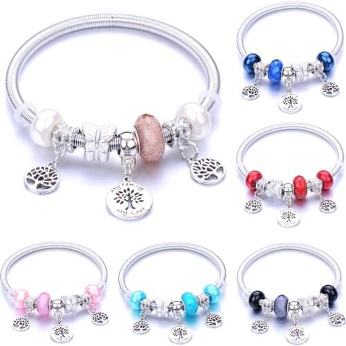 Dropshipping Tree Elastic bead bracelet Fashion Bead Bracelet Butterfly Floral Pearl Charm Bracelet & Bangle Pulsera Jewelry