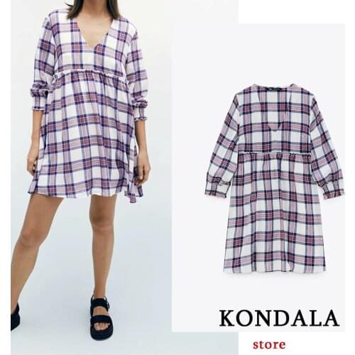 KONDALA Za 2021 Summer Vintage Plaid Dress Women Fashion Party V Neck Chic Purple Mini Dress Sheath Half Sleeve Mujer Vestidos