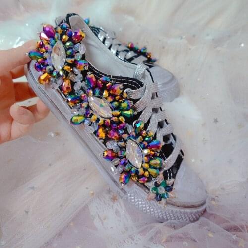 Retro Handmade Multi Beads Bling Rhinestone Embellished Dirty Style Silver Toe Lace Up Casual Shoes Thick Sole Sneaker Leisure S