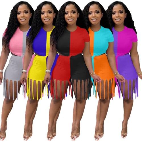 Summer Patchwork Womens Set Fashion T-shirt and Tassel Horts Matching Two 2 Piece Set Tracksuit Active Sweatsuit Outfits