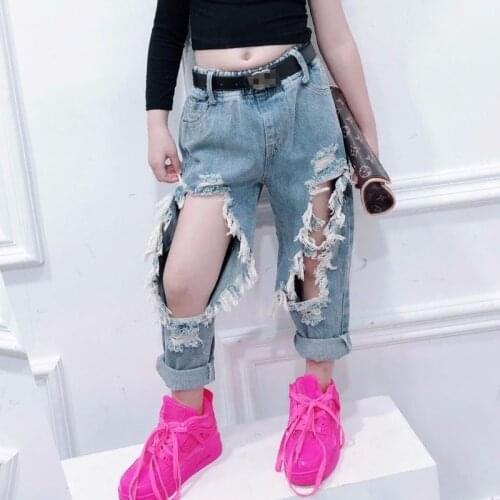 Summer girls jeans baby denim pants kids bottoms children trousers streetwear fashion Big hole ripped tassel 2-9 girls pants